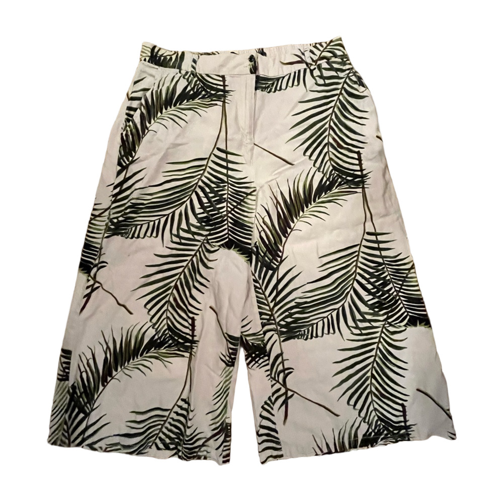 Amanda Green Women's Cream and Green Palm Tree Wide Leg Cropped Pants Size XL